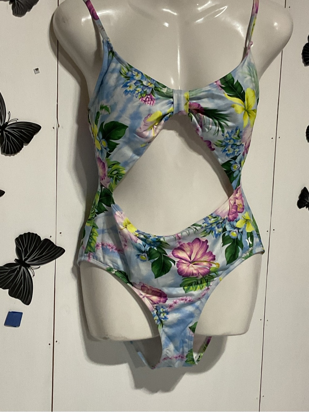 Hurley Floral Cutout One-Piece Swimsuit - Blue, Pink, Yellow, Green